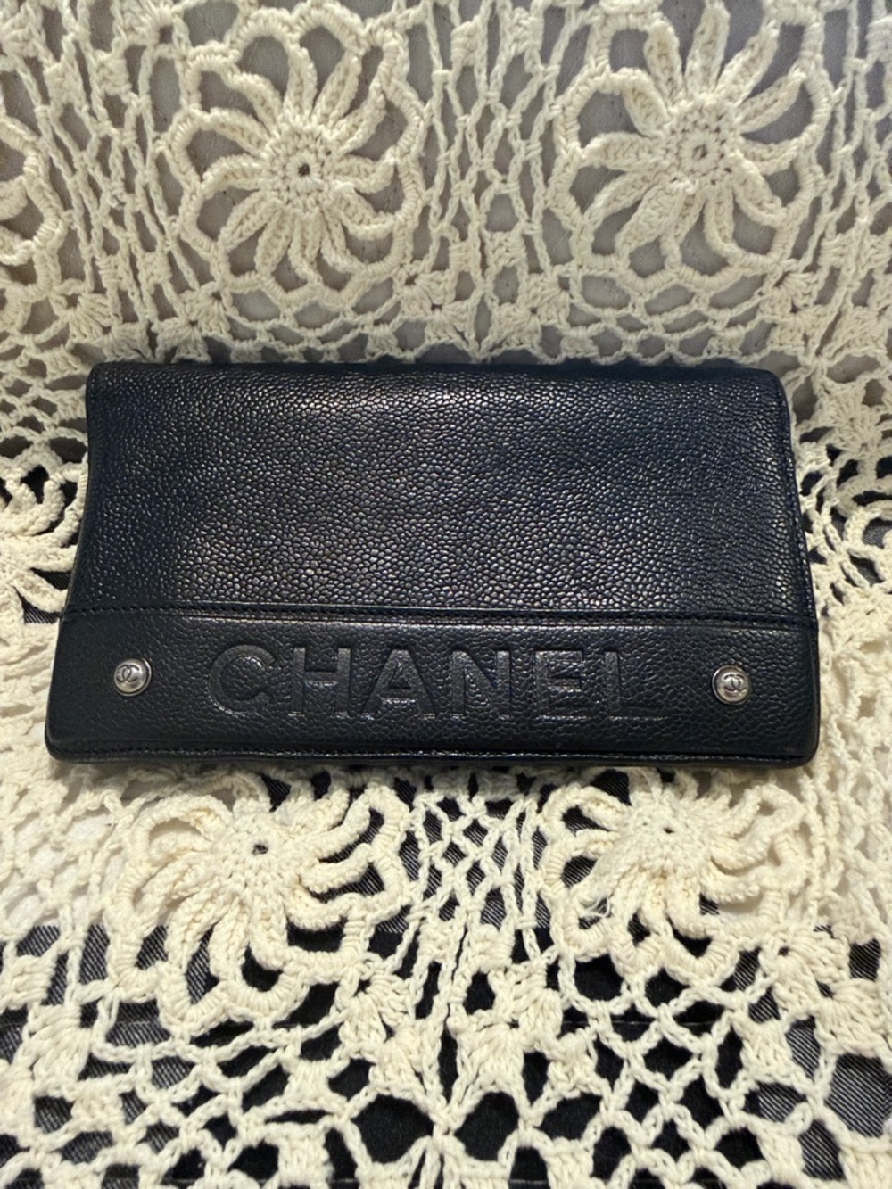 CHANEL Black Caviar Leather Embossed Continental Wallet